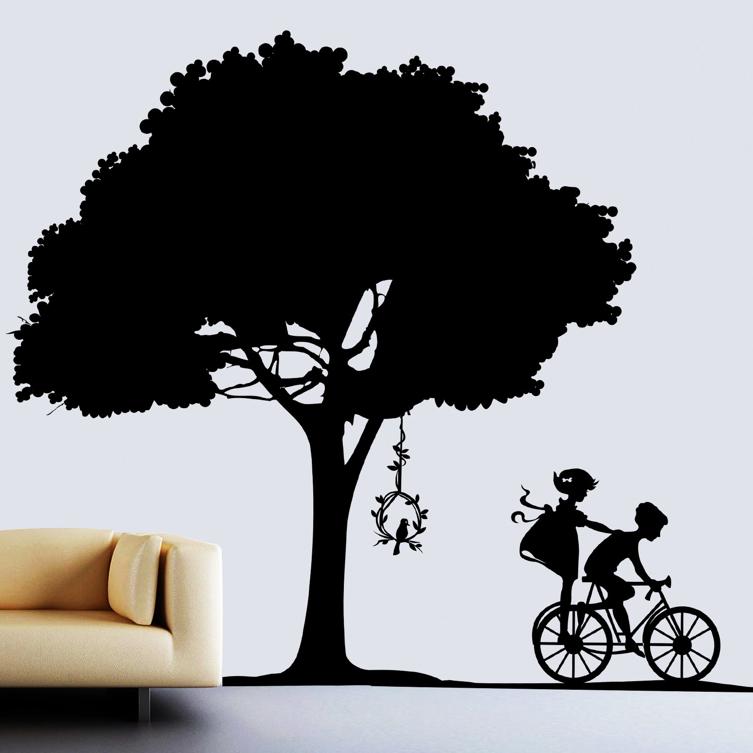 Kids Playing Under Tree Wall Sticker Decal-Small-Black