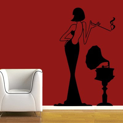 Lady With Gramophone Wall Sticker Decal-Small-Black